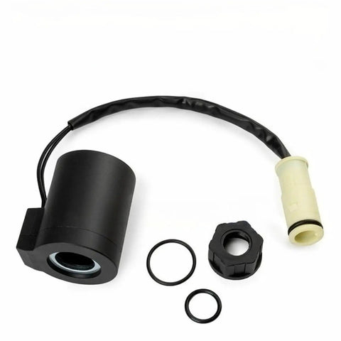 24V Solenoid Coil Replacement for Heavy Duty Construction Equipment EC140 EC160 EC210 EC240 EC290 Part 14527267 with Copper Winding, Stable Electromagnetic Force, Reliable Hydraulic Valve Actuation, Rugged Performance. Black hydraulic solenoid coil with connector, O-rings, and nut
