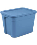 Straight Up Beast Mode 18 Gallon Plastic Storage Bin With Secure Snap On Lid Stackable Heavy Duty Moving Container For Workshop Home Office Or Backyard Shed Blue seen from the side.