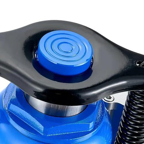 VEVOR air hydraulic bottle jack with blue top cap; close-up view