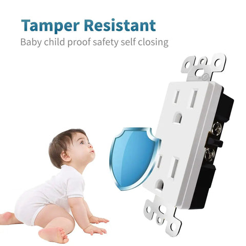 Illustration of a Must Have Decorator Outlet Socket 15 Amp 125 Volt Tamper Resistant Receptacle next to a child