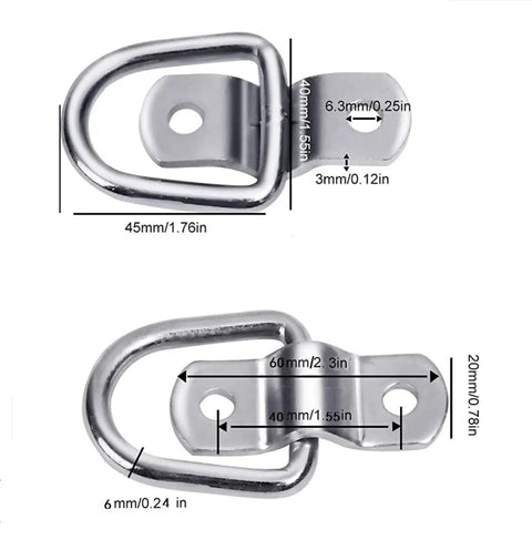 Top Shelf 304 Stainless Steel D Ring Tie Down Anchor dimensions showing 1/4 inch heavy duty mounts for secure cargo.