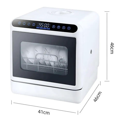 Compact Countertop Dishwasher With No Fuss Setup And Full Auto Dry Slickly Delivers 360 Degree Swirly Spray Fruit Rinse Function Alongside Four Wash Modes Designed For Cramped Kitchens And Outdoors, white, 41x46cm.