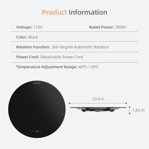 24 Inch Round Electric Food Warmer With Automatic 360 Degree Rotating Turntable Tray And Adjustable Temperature Control in black finish.