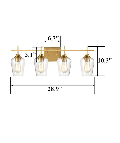 Industrial 4 Light Vanity Fixture With Clear Glass Bath Wall Sconces In Dope Gold Finish, dimensions marked, front view.