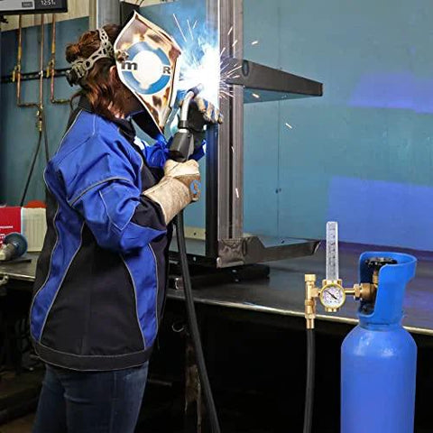 Welding argon regulator with 6.6 ft hose and gauge attached to blue gas cylinder