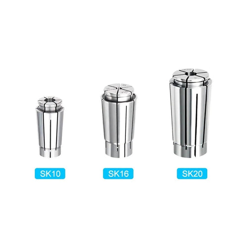 Heavy Duty SK16 Collet Set With Tough As Nails Grip And Butter Smooth Performance For High Speed Machines, showcasing SK10, SK16, SK20 sizes.