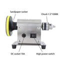 Side view of Jewelry Polishing Machine Multifunction Bench Buffer Grinder showing sandpaper sucker, chuck, DC socket, and power switch.