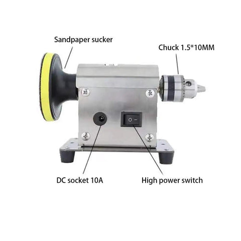 Side view of Jewelry Polishing Machine Multifunction Bench Buffer Grinder showing sandpaper sucker, chuck, DC socket, and power switch.