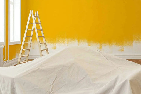 Heavy Duty Cotton Canvas Drop Cloths 4x5 Feet Pack Of 4 Thick Painter Cloths draped over furniture near ladder and painted wall