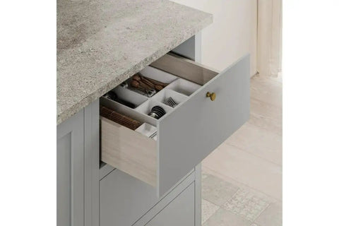 Open drawer in kitchen with 3D Adjustable Soft Close Full Extension Drawer Slides, Undermount Ball Bearing Runners, 250mm shown