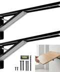 Heavy Duty Folding Shelf Brackets 20 Inch Set Of Two 500 Lbs Wall Mounted Collapsible Brackets With Locking Hinge showing installation with wood shelf and tools.