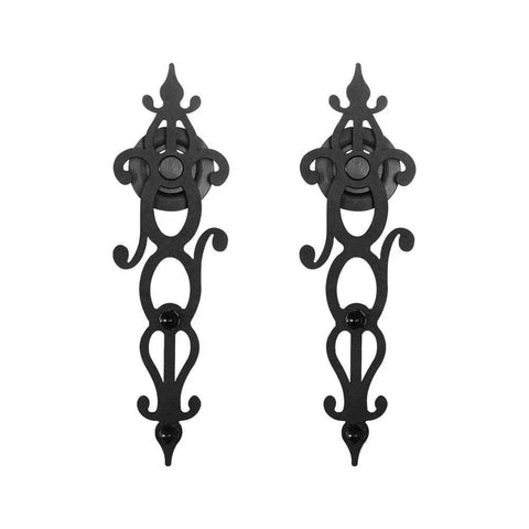 Detailed view of decorative black steel hardware for Heavy Duty Sliding Barn Door Kit For Two Doors With 7ft Flat Track.