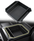 Slick Sliding Double Layer Center Console Tray For Tesla Cybertruck 2024, showing black plastic tray above the console insert.