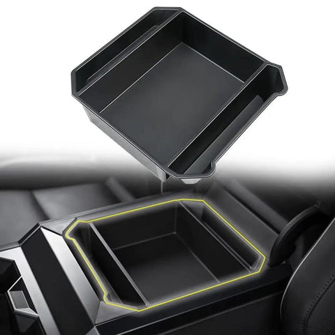 Slick Sliding Double Layer Center Console Tray For Tesla Cybertruck 2024, showing black plastic tray above the console insert.