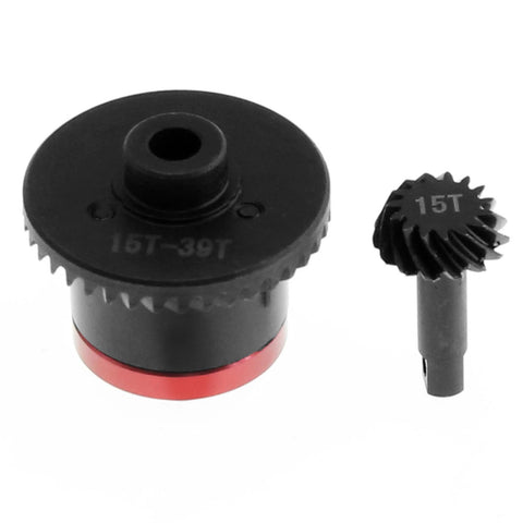 39T Main Gear And 15T Pinion RC Diff Gear Set for 1/16 cars showing black steel gears with red aluminum housing