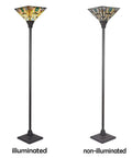 70 Inch Tiffany Torchiere Floor Lamp With Antique Mission Style Stained Glass Shade, illuminated and non-illuminated view, dark bronze base