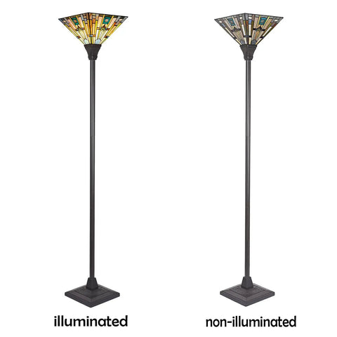 70 Inch Tiffany Torchiere Floor Lamp With Antique Mission Style Stained Glass Shade, illuminated and non-illuminated view, dark bronze base