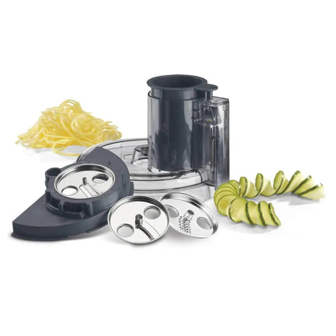 Spiralizer Attachment Kit For Food Processors 3 Piece Set Silver with discs and veggie slices