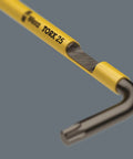 Long Arm Torx L Key Set For Recessed Torx Screws 9 Piece Multicolor Pack With Ballpoint Tip, yellow color coded sleeve, close-up.