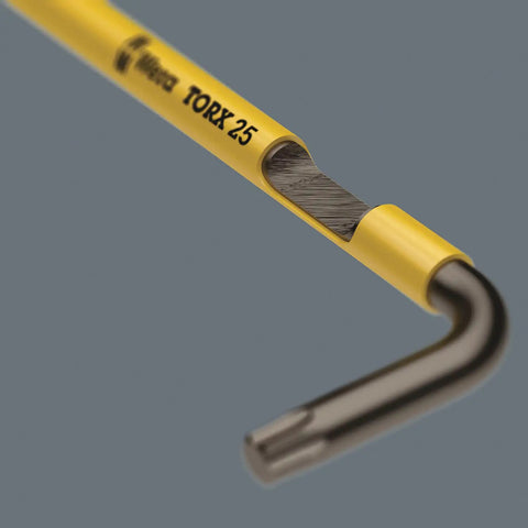 Long Arm Torx L Key Set For Recessed Torx Screws 9 Piece Multicolor Pack With Ballpoint Tip, yellow color coded sleeve, close-up.