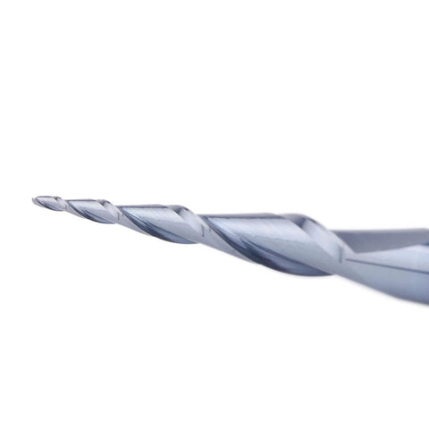 Tapered ball nose router bit with spiral flutes, 1.0 mm tip, 0.5 mm radius
