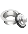 Brushed Stainless Steel Sink Flange And Stopper Universal Three And A Half Inch Drain Fit For Garbage Disposal Replacement Parts Durable 304 Grade Stainless Steel Corrosion Resistant Easy Install in a kitchen setting showing polished finish and rubber seal for easy installation.