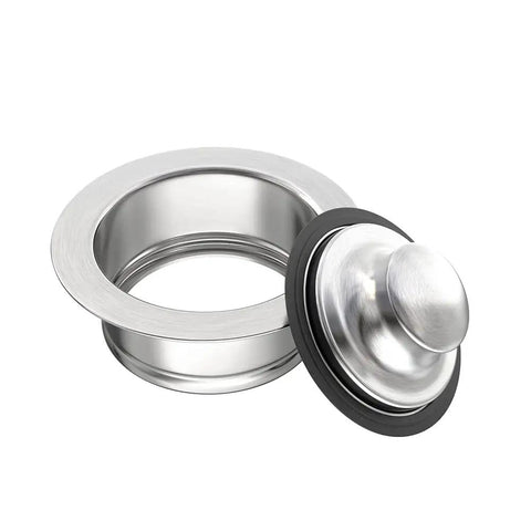 Brushed Stainless Steel Sink Flange And Stopper Universal Three And A Half Inch Drain Fit For Garbage Disposal Replacement Parts Durable 304 Grade Stainless Steel Corrosion Resistant Easy Install in a kitchen setting showing polished finish and rubber seal for easy installation.