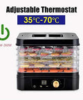 Heavy Duty Five Tier Electric Food Dehydrator With Bright Digital Screen And Temperature Control Timer For Preserving Veggies Herbs Jerky Meat Straight Up Fresh For Your Daily Grind showing adjustable thermostat and trays.