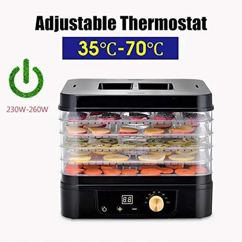 Heavy Duty Five Tier Electric Food Dehydrator With Bright Digital Screen And Temperature Control Timer For Preserving Veggies Herbs Jerky Meat Straight Up Fresh For Your Daily Grind showing adjustable thermostat and trays.