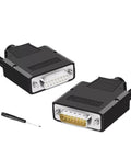 Front view of DB15 D-sub connector pair: 15-pin male and female in black housings with screws; includes screwdriver.