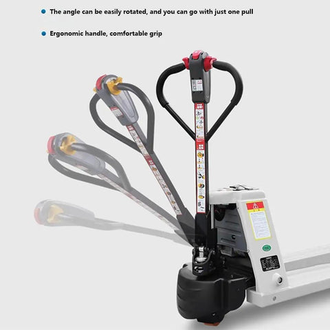 Heavy Duty Electric Pallet Jack Truck With 1500KG Load Capacity For Warehouses And Material Handling Operations featuring ergonomic handle and easy angle rotation.