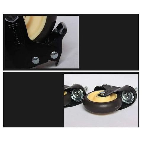 Built Like A Tank Heavy Duty Swivel Casters With Wheel Brake Three Quarter Inch Industrial Rubber Wheels close-up view of caster wheel and brake mechanism.