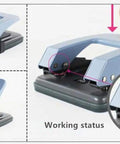 Two Hole Puncher For Paper And Crafts, Adjustable 3.15 Inch Hole Spacing with skid-resistant base shown in working and locked states