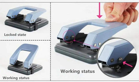 Two Hole Puncher For Paper And Crafts, Adjustable 3.15 Inch Hole Spacing with skid-resistant base shown in working and locked states
