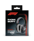 Product packaging of Alpine Muffy Kids Noise Canceling Headphones For Race Lovers, 25 Decibel Sound Dampening, with racing graphics.