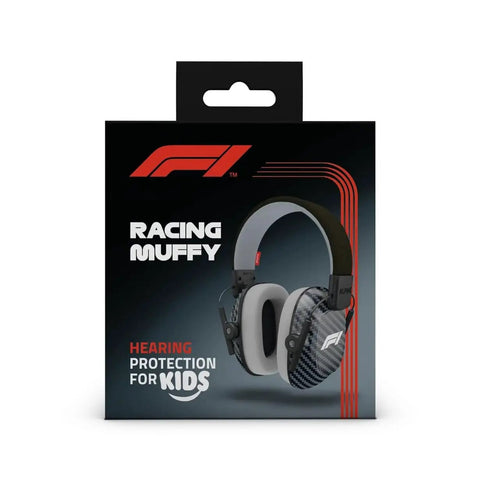 Product packaging of Alpine Muffy Kids Noise Canceling Headphones For Race Lovers, 25 Decibel Sound Dampening, with racing graphics.