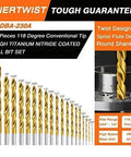 Front view of ENERTWIST 230-piece titanium drill bit set with 118° tips from 3/64 to 1/2 inch