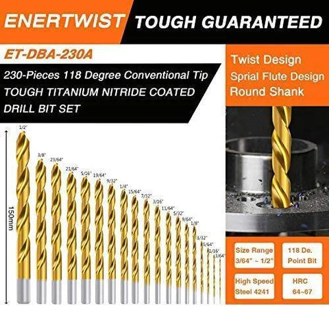 Front view of ENERTWIST 230-piece titanium drill bit set with 118° tips from 3/64 to 1/2 inch