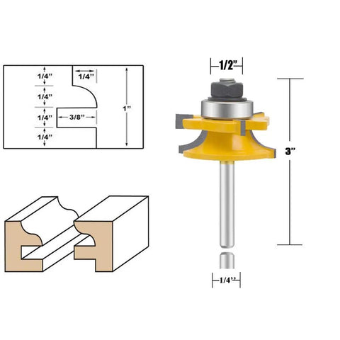 Three Piece Router Bit Set With One Quarter Inch Shank For Ogee Rail And Stile Cabinet Doors detail and dimensions illustration