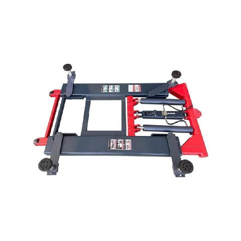 Professional Grade Portable 6000 Pound Hydraulic Scissor Lift With Quick 48 Inch Rise showing flat lift platform with hydraulic jacks.