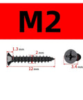 M2 Black Self Tapping Wood Screw 12mm Long with Phillips Head and Countersunk Design for Secure Fastening.