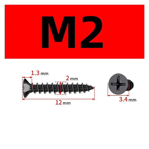 M2 Black Self Tapping Wood Screw 12mm Long with Phillips Head and Countersunk Design for Secure Fastening.