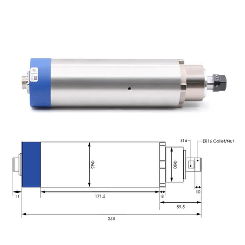Powerful 1.5KW ER16 D65 110V Air Cooled Spindle Motor Kit with dimensional diagram