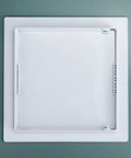 Rock Hard Eight By Eight Inch Drywall Access Panel Two Pack ABS Plastic Wall Cover Plate top view against a green background.