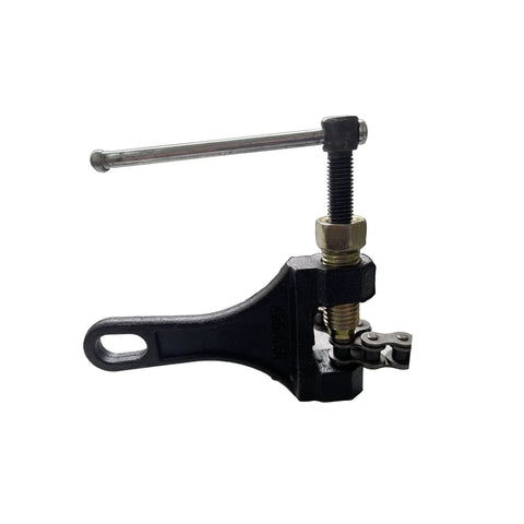 Front view of motorcycle chain breaker tool with long T-handle, black steel
