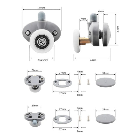 Kick Ass Abs Nylon Shower Door Roller Wheels With Slam Lock Brakes 360 Degree swivel slider pulleys dimensions and parts detail.