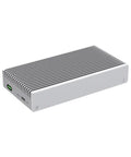 Tough As Nails USB4 Thunderbolt External NVMe SSD Enclosure With Active Aluminum Heat Sink Chassis in sleek silver, showcasing ribbed design.