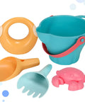 5 Piece Beach Sand Set for Kids and Boys Portable Lightweight Plastic Shovels and Buckets Water Play Kit shown in colorful pieces.