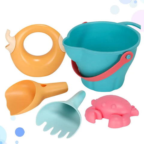 5 Piece Beach Sand Set for Kids and Boys Portable Lightweight Plastic Shovels and Buckets Water Play Kit shown in colorful pieces.