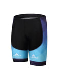 Black and blue cycling shorts with gradient design and logo on the front